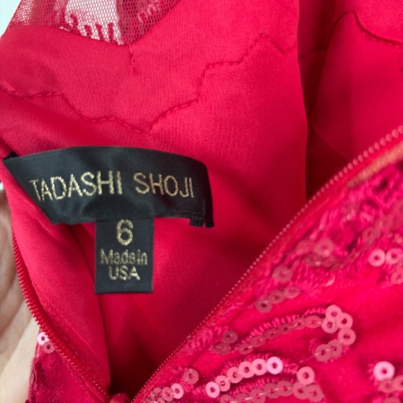 TADASHI SHOJI Red Lace Dress 6 Illusion Neck Sequin Bow Holiday Christmas Formal - Picture 10 of 16